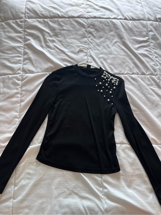SHEIN Tops - SHEIN Black Long Sleeve Top with Pearl Shoulder Embellishment
